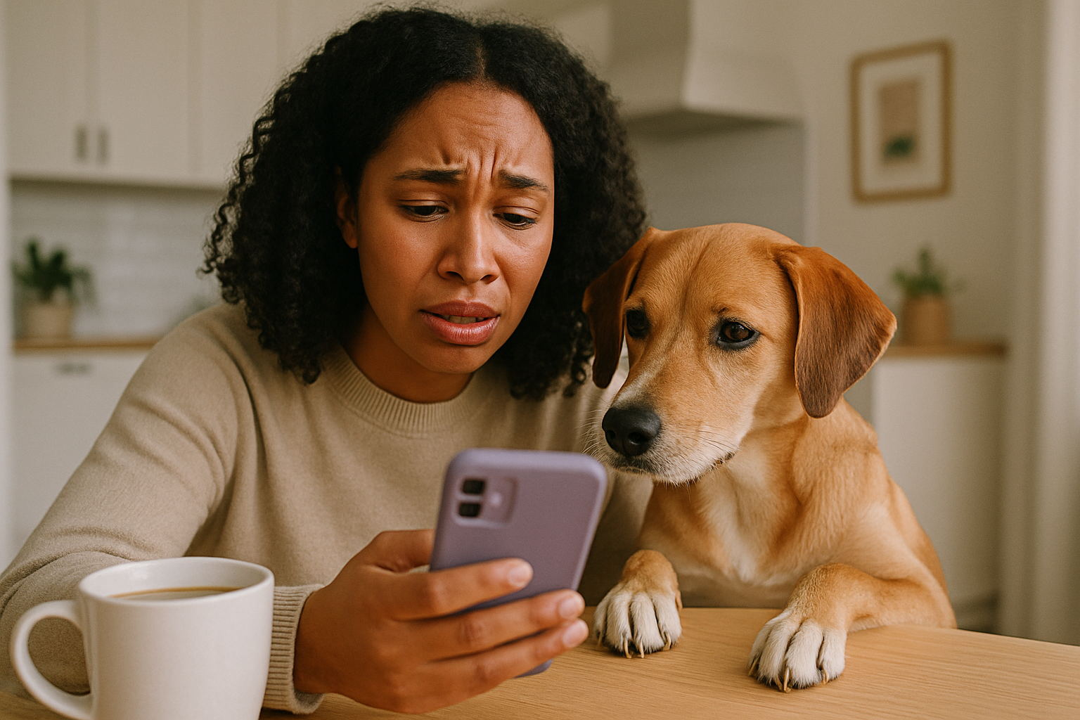 A woman checking her insurance policy with her dog