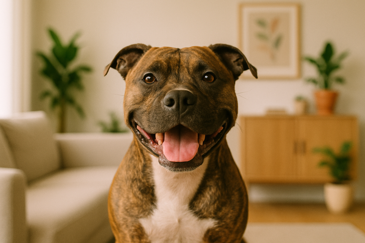 A Staffordshire terrier in the living room of a smart house