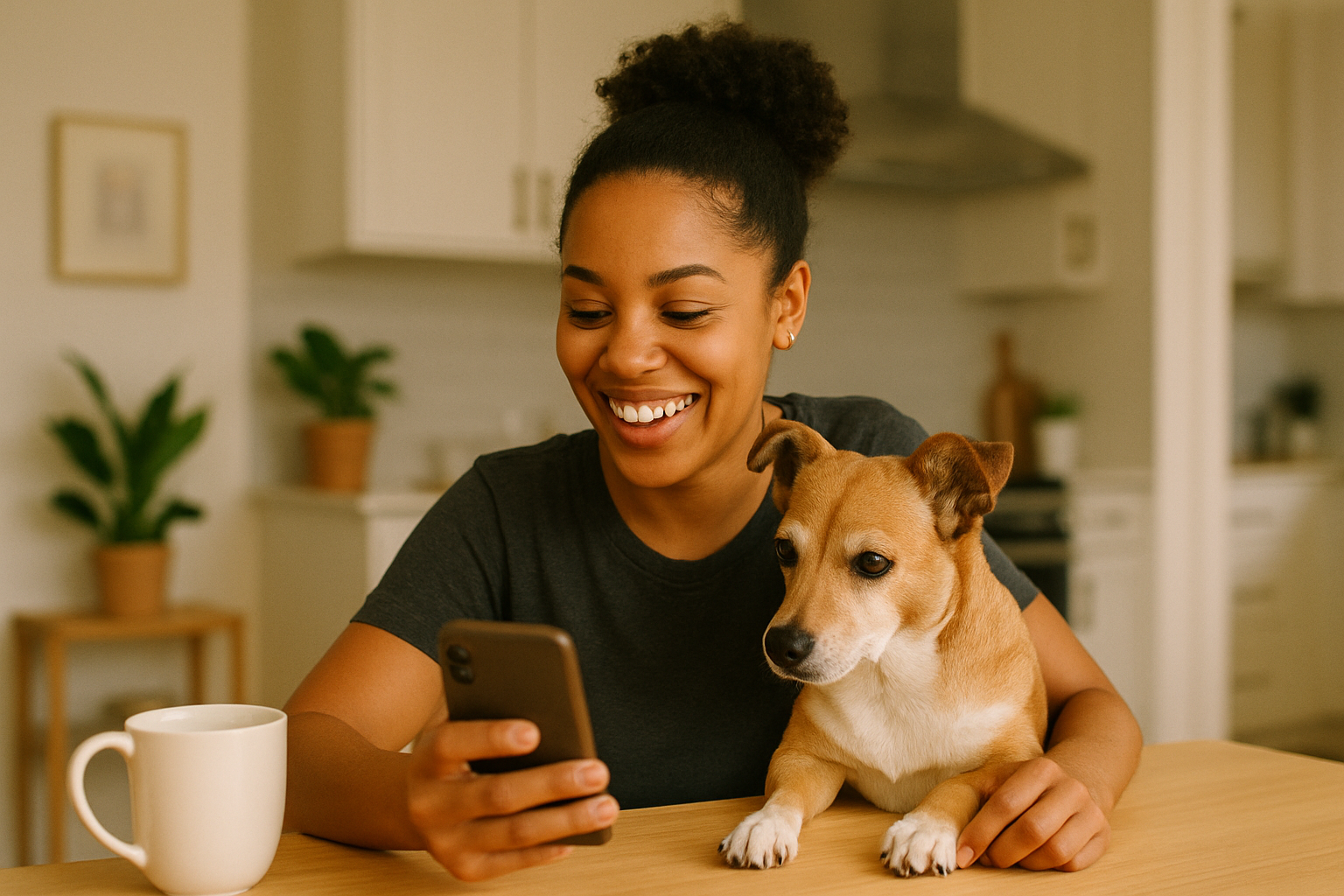 Woman with her dog in the kitchen looking at her phone together