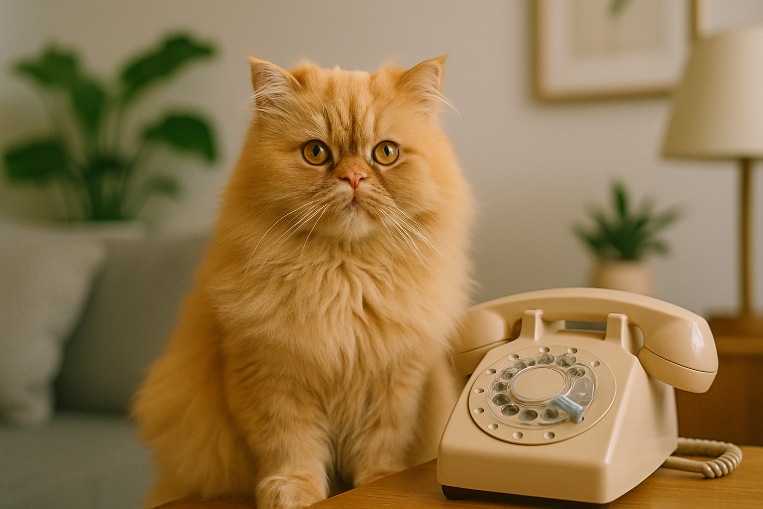 Persian cat next to a retro phone