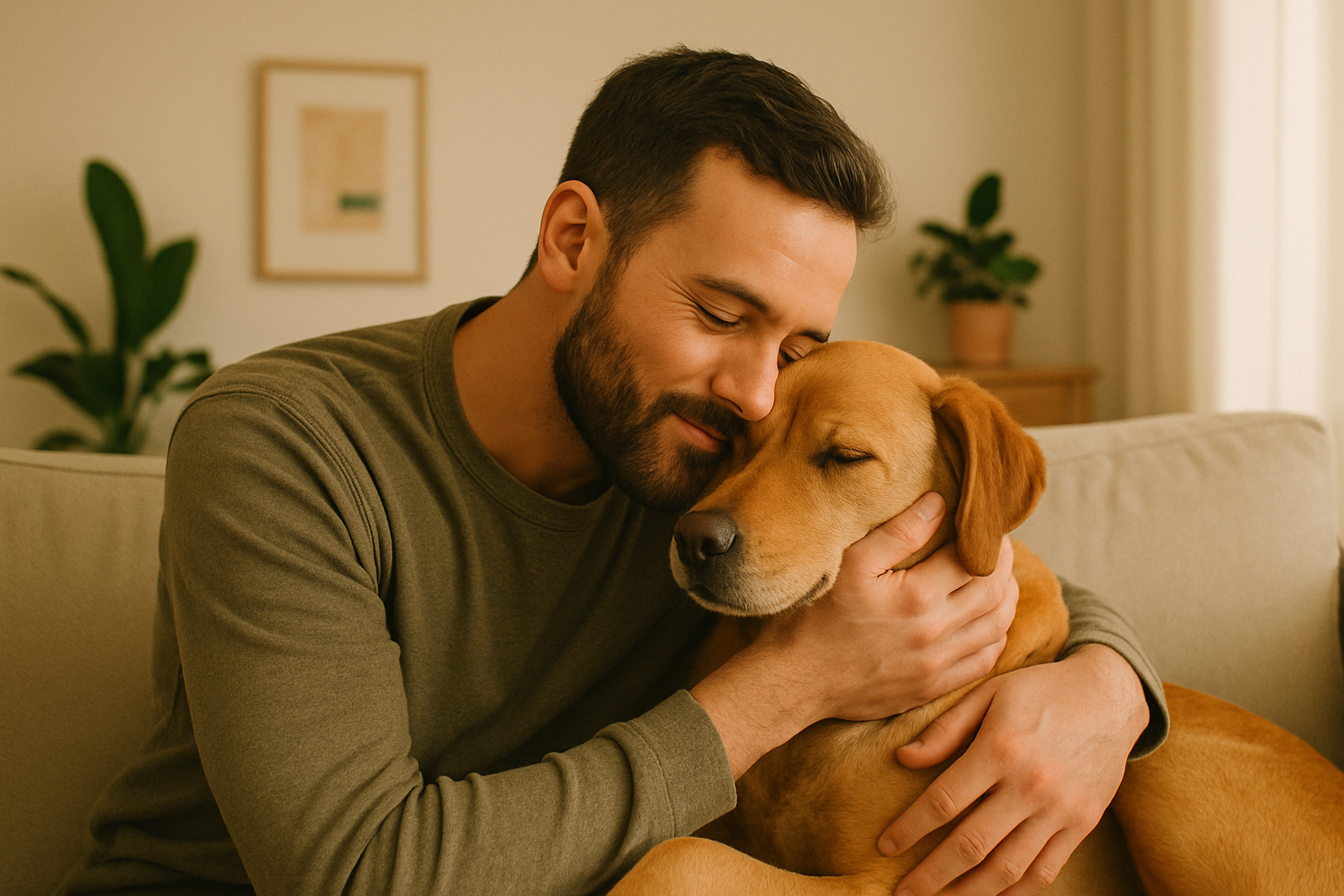 a man and his dog cuddling on the sofa